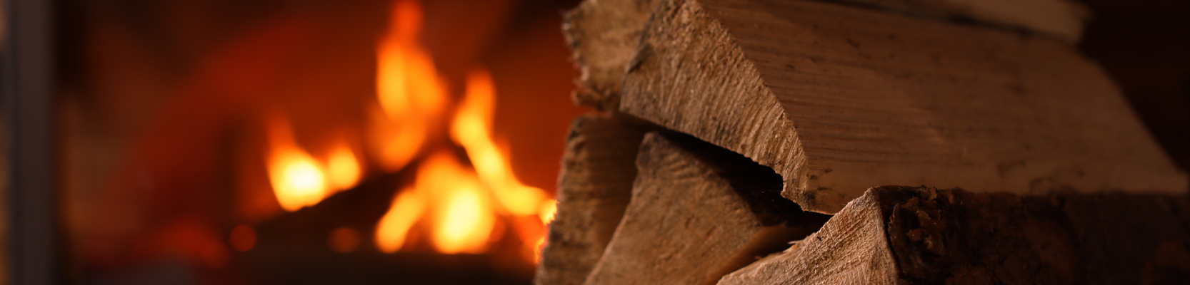 Feuerholz vor einem brennenden Kamin