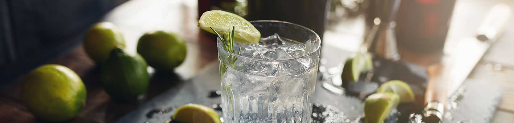 Gin im Glas mit Eis und Limette